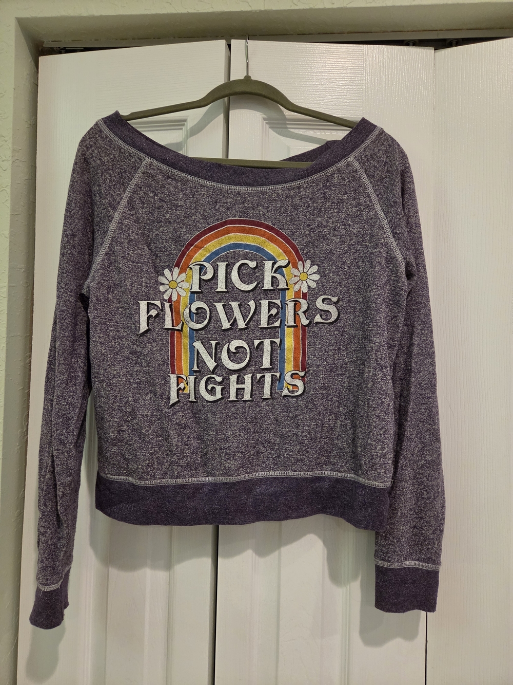 Women’s Off-the-Shoulder Purple Graphic Sweatshirt - Pick Flowers Not Fights